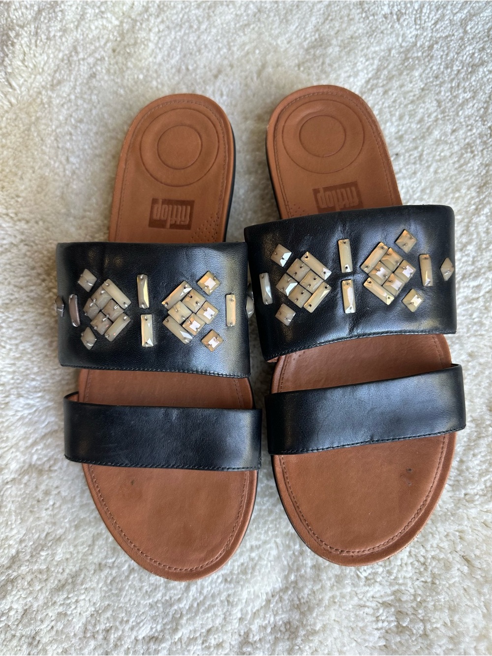 FitFlop Black Leather Double-Band Slide Sandals with Jewel Accents